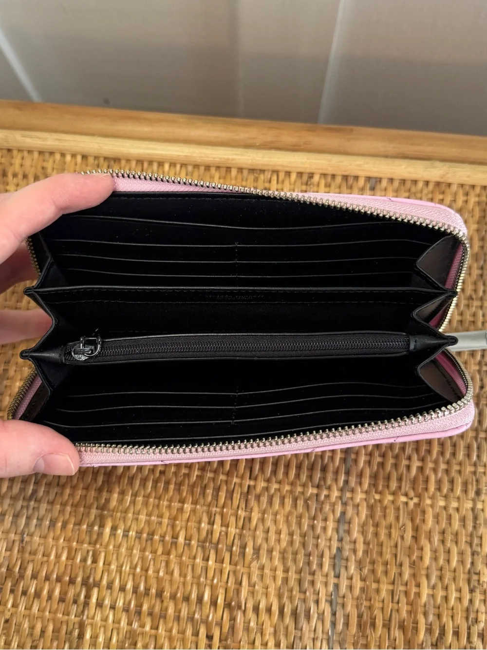 Rebecca Minkoff Chevron Quilted Vintage Pink Leather Zip Around Wallet Silver